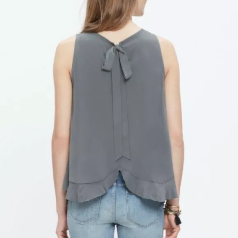 Madewell Silk Bow Pleated Tank, Gray, Size Small